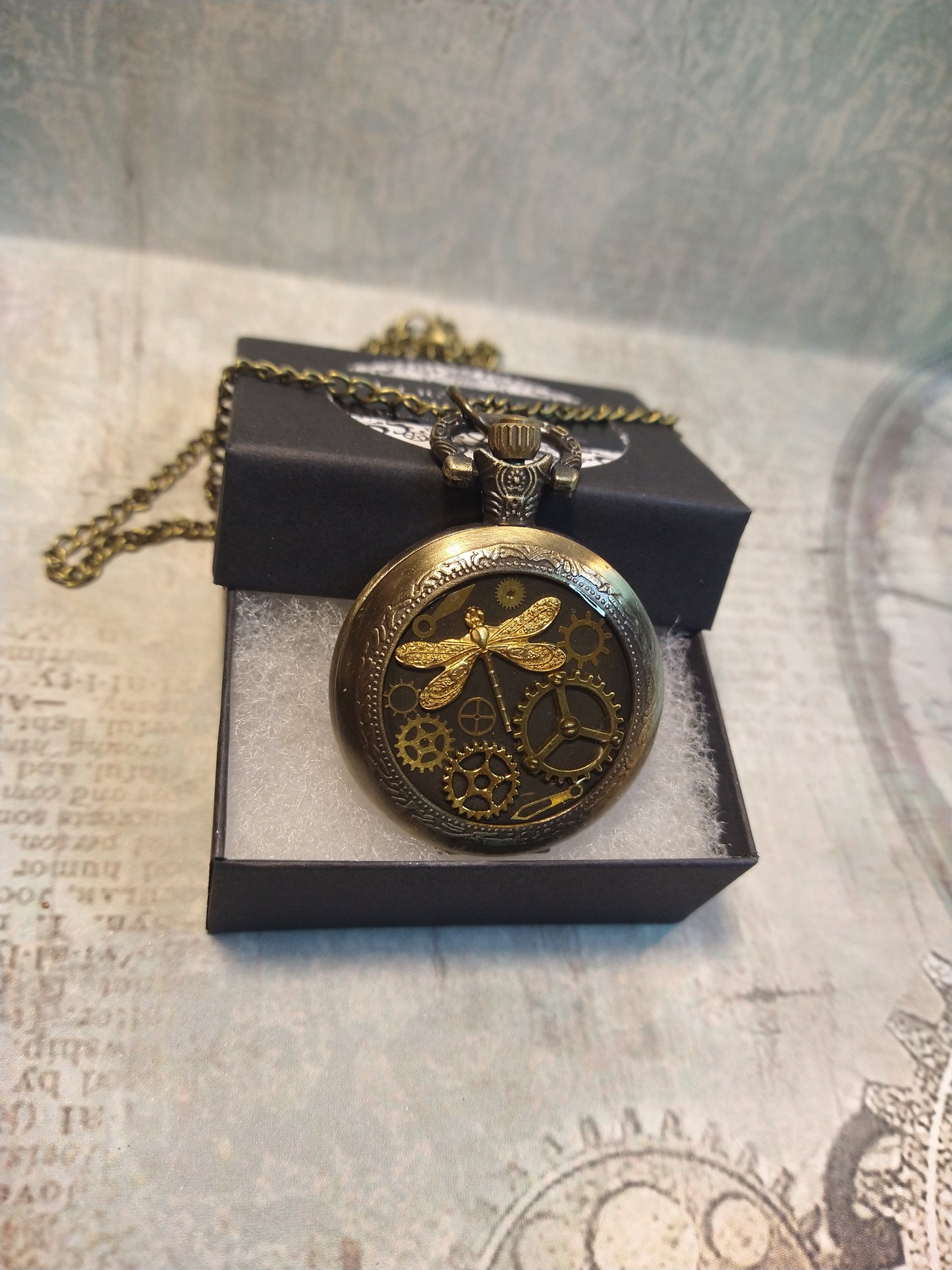 Working Clockwork Dragonfly with Gears Pocket Watch Necklace