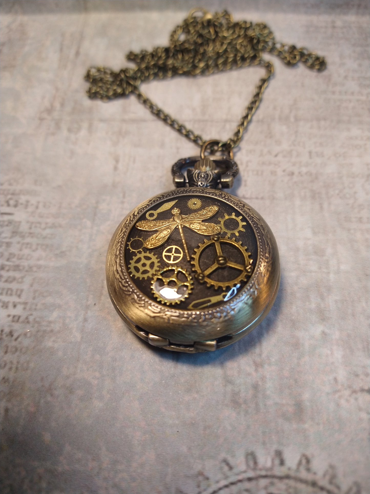 Working Clockwork Dragonfly with Gears Pocket Watch Necklace