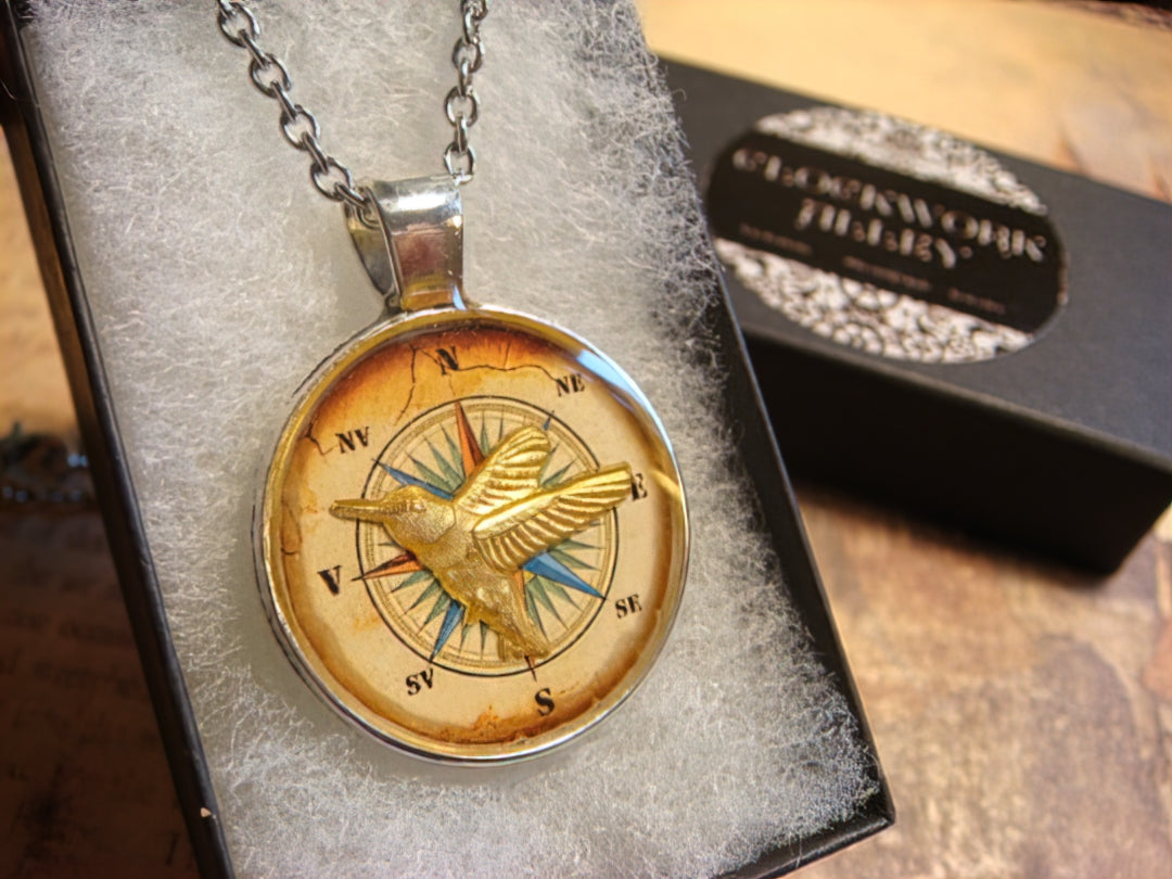 Hummingbird over Compass Rose Pendant Necklace