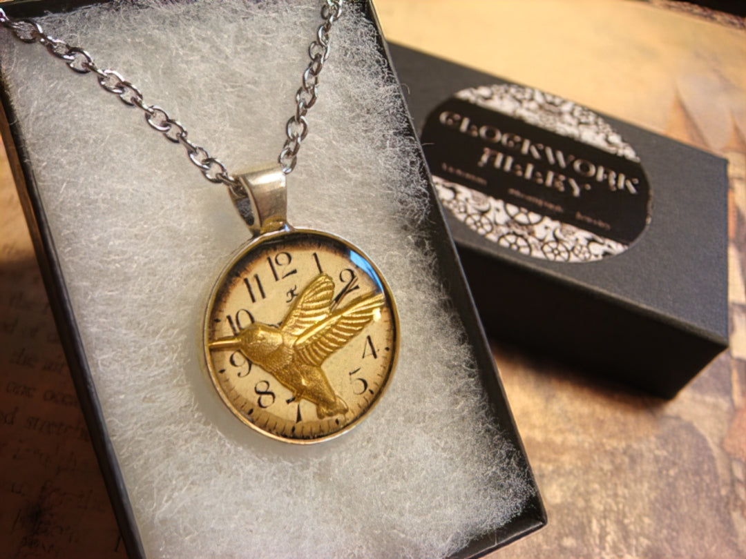 Hummingbird over Clock Small Pendant Necklace