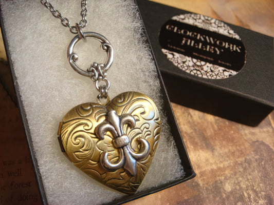 Fleur De Lis Heart Locket Necklace in Antique Silver and Bronze