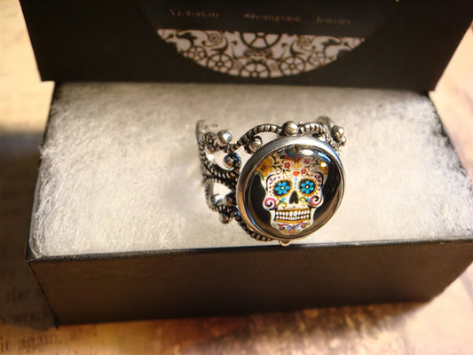Sugar Skull Image Filigree Ring in Antique Silver - Adjustable