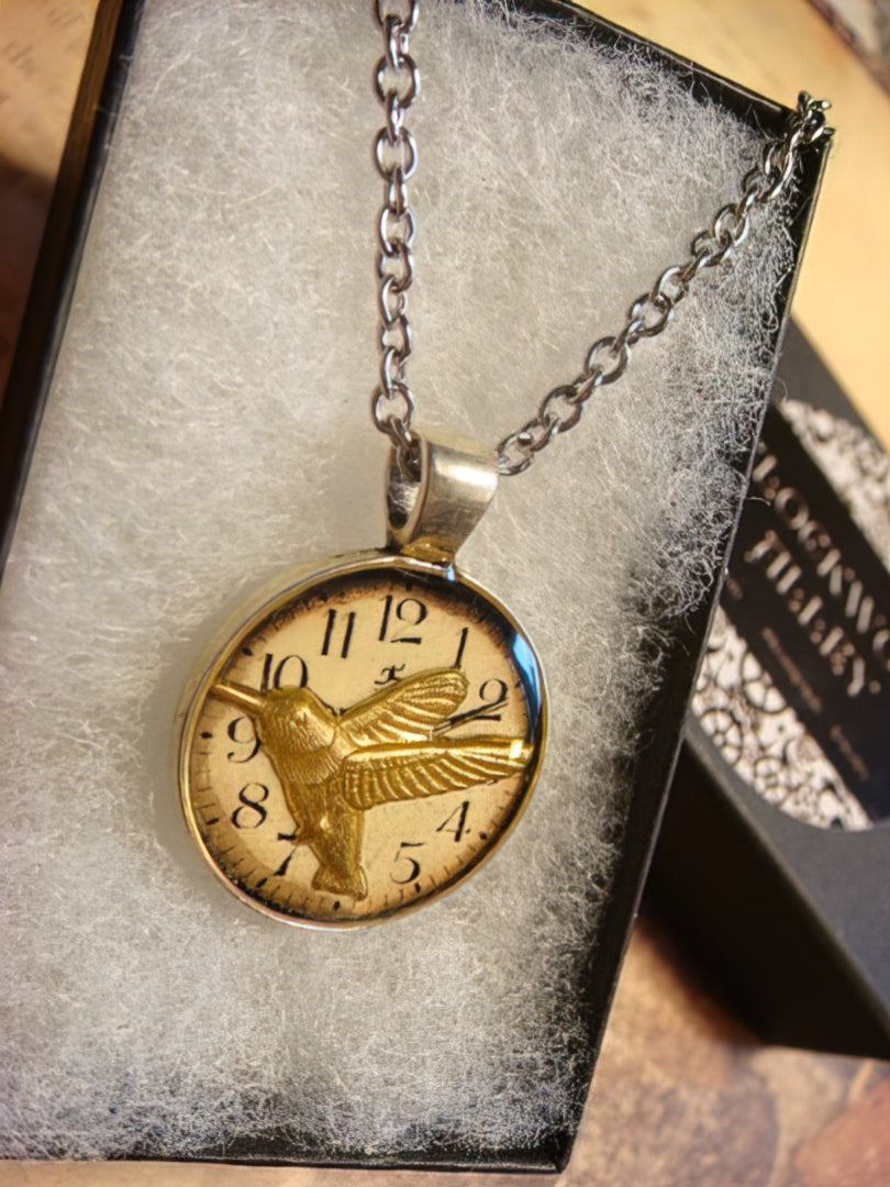 Hummingbird over Clock Small Pendant Necklace