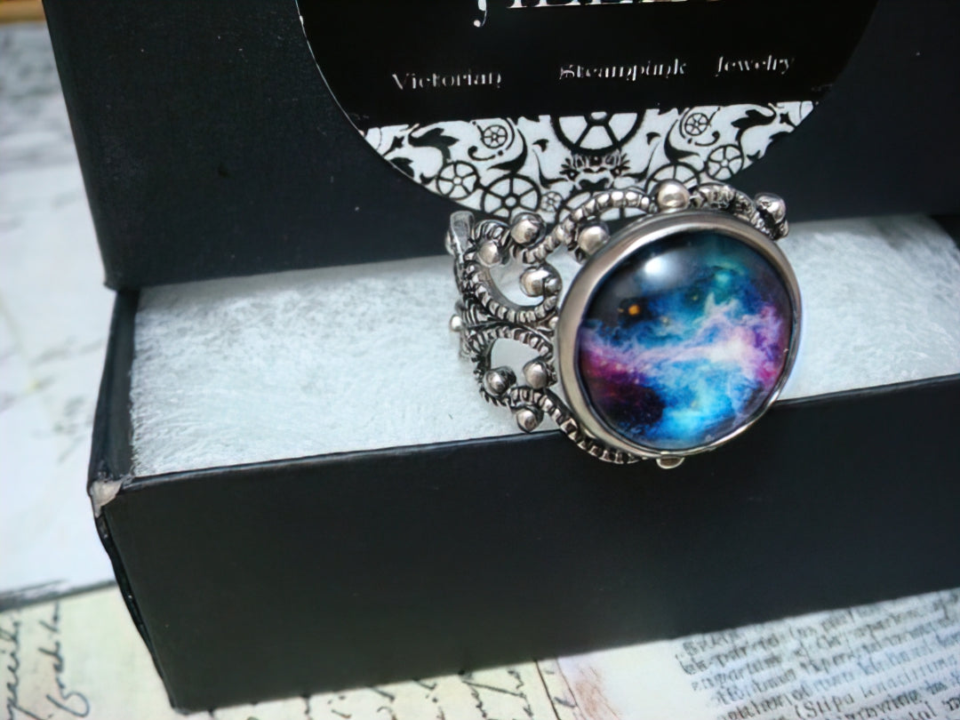 Nebula Galaxy Image Filigree Ring in Antique Silver - Adjustable