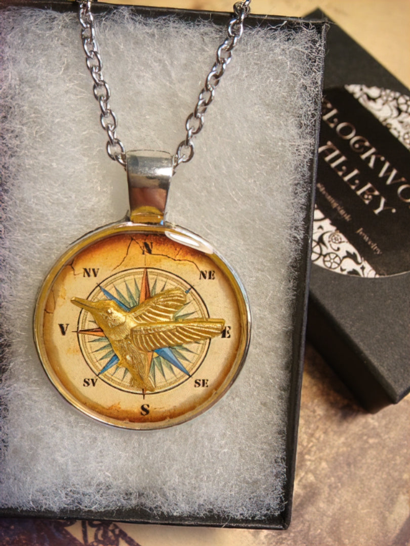 Hummingbird over Compass Rose Pendant Necklace