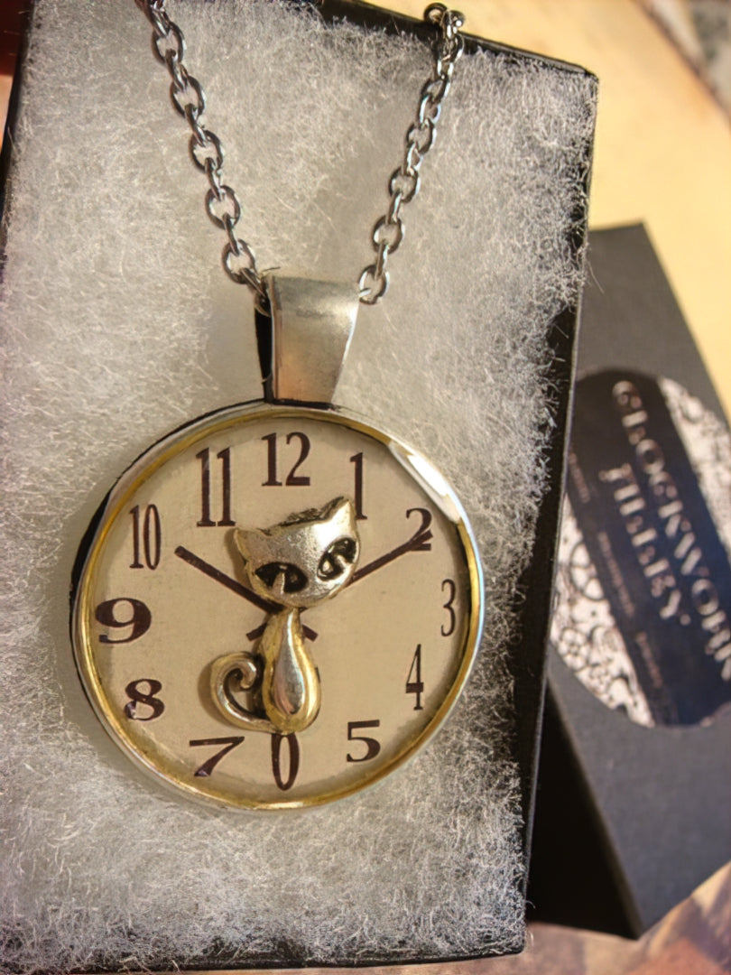 Cat over Clock Pendant Necklace