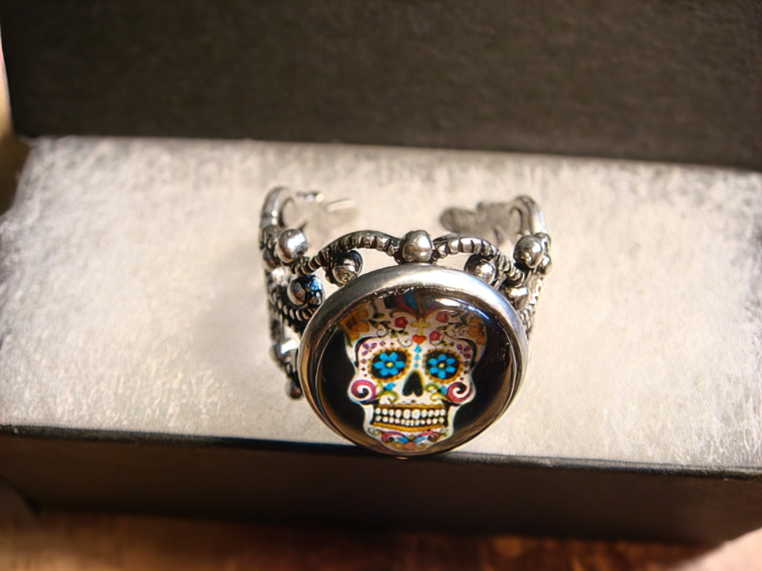 Sugar Skull Image Filigree Ring in Antique Silver - Adjustable
