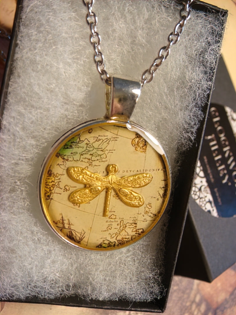 Dragonfly over Map Pendant Necklace