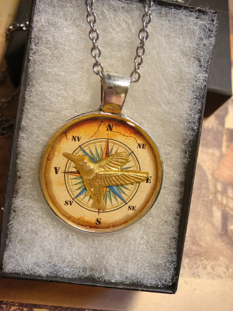 Hummingbird over Compass Rose Pendant Necklace
