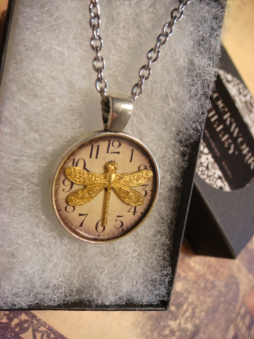 Dragonfly over Clock Small Pendant Necklace