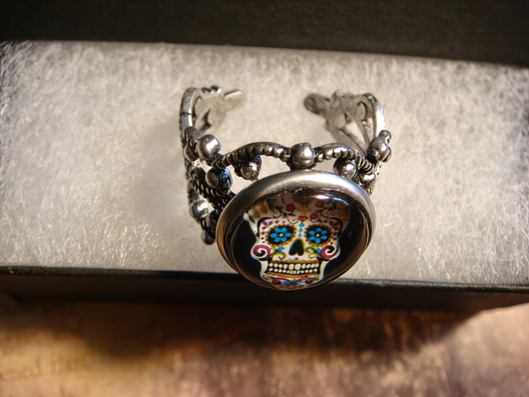 Sugar Skull Image Filigree Ring in Antique Silver - Adjustable