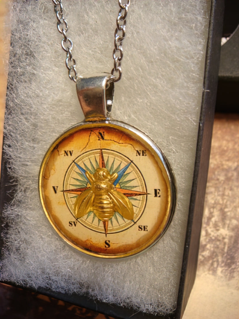 Bee over Compass Rose Pendant Necklace