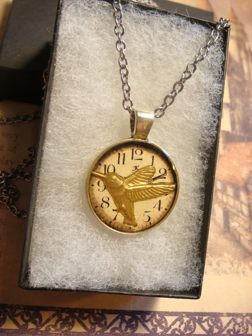 Hummingbird over Clock Small Pendant Necklace