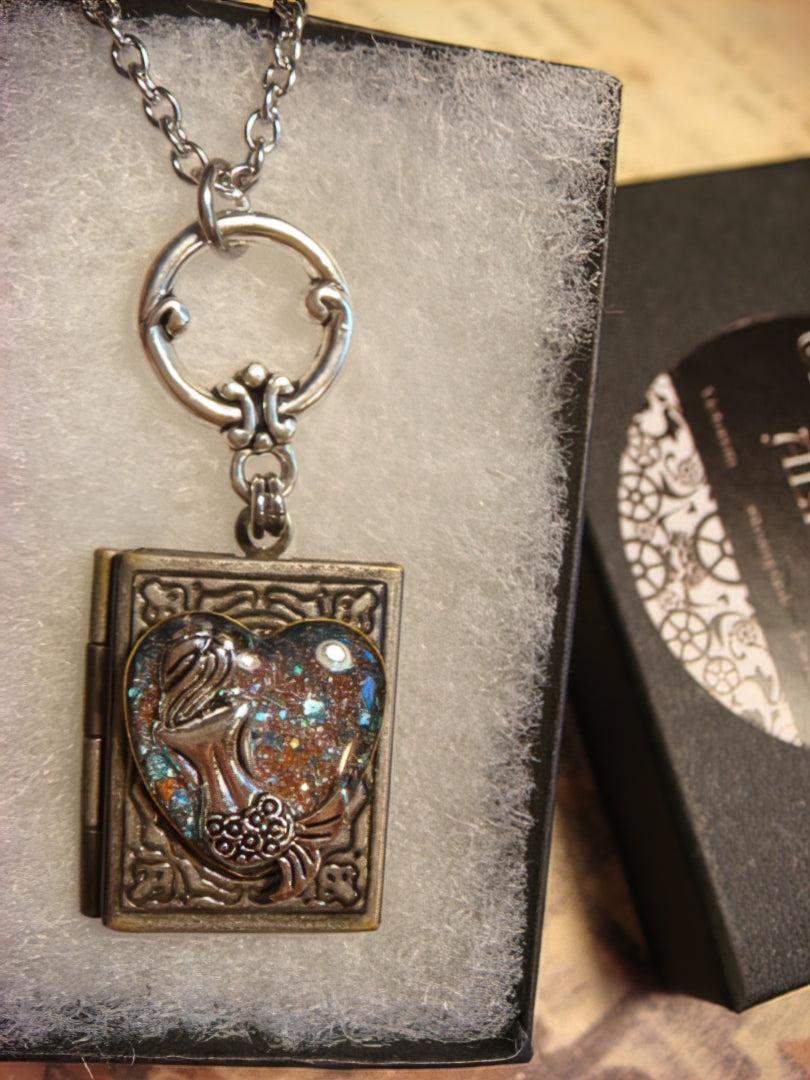 Mermaid Sparkle Heart Book Locket Necklace