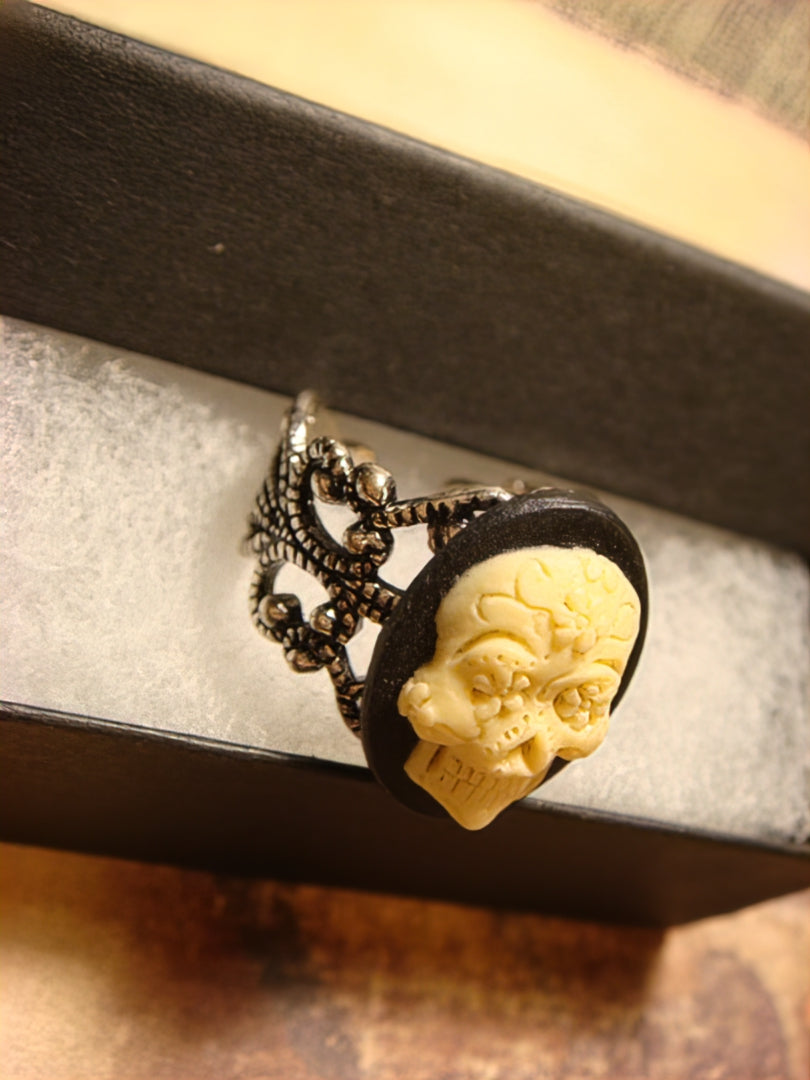 Sugar Skull Filigree Ring in Antique Silver - Adjustable