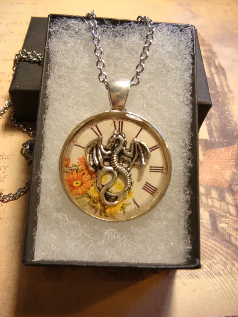 Dragon over Floral Clock Pendant Necklace