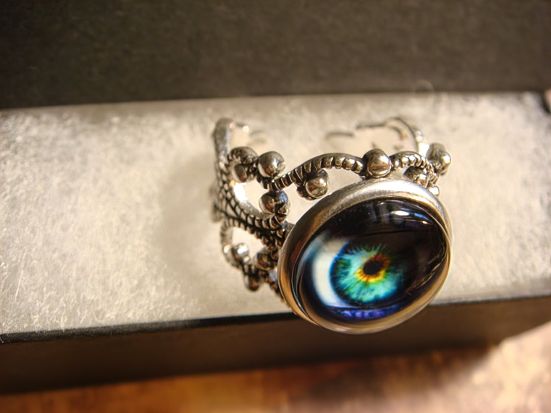 Eye Image Filigree Ring in Antique Silver - Adjustable