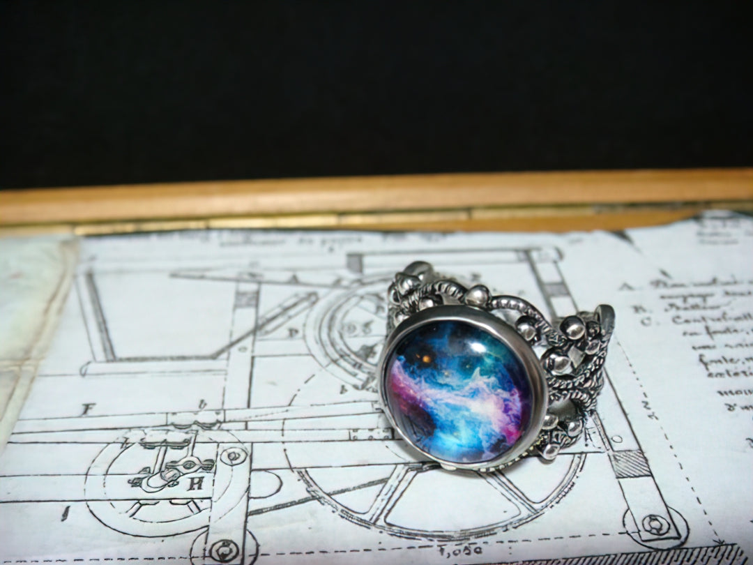 Nebula Galaxy Image Filigree Ring in Antique Silver - Adjustable