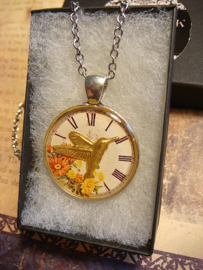 Hummingbird over Floral Clock Pendant Necklace
