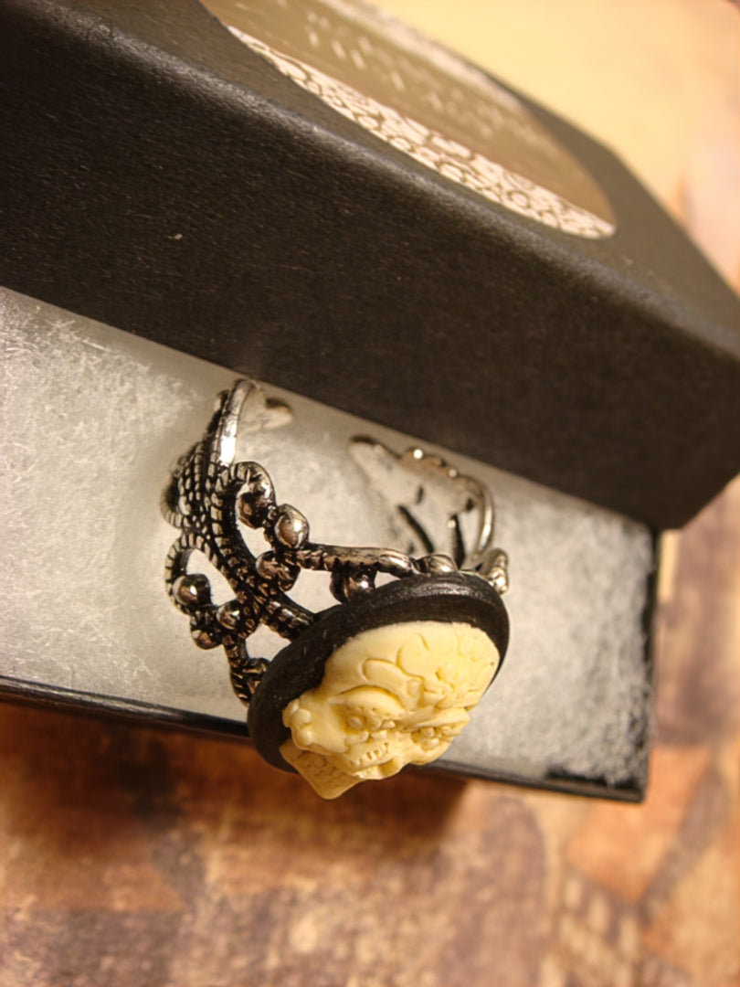 Sugar Skull Filigree Ring in Antique Silver - Adjustable