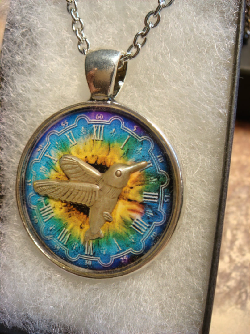 Hummingbird over Colorful Clock Pendant Necklace