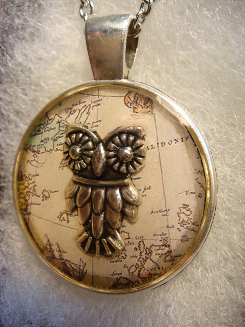 Owl over Map Pendant Necklace