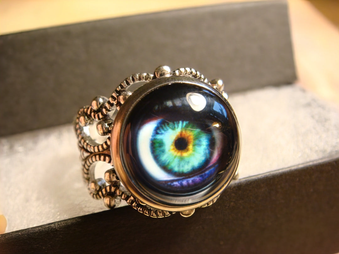 Eye Image Filigree Ring in Antique Silver - Adjustable