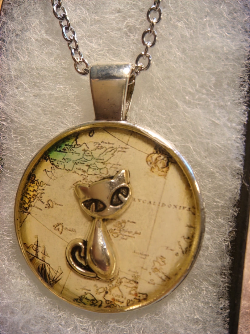 Cat over Map Pendant Necklace