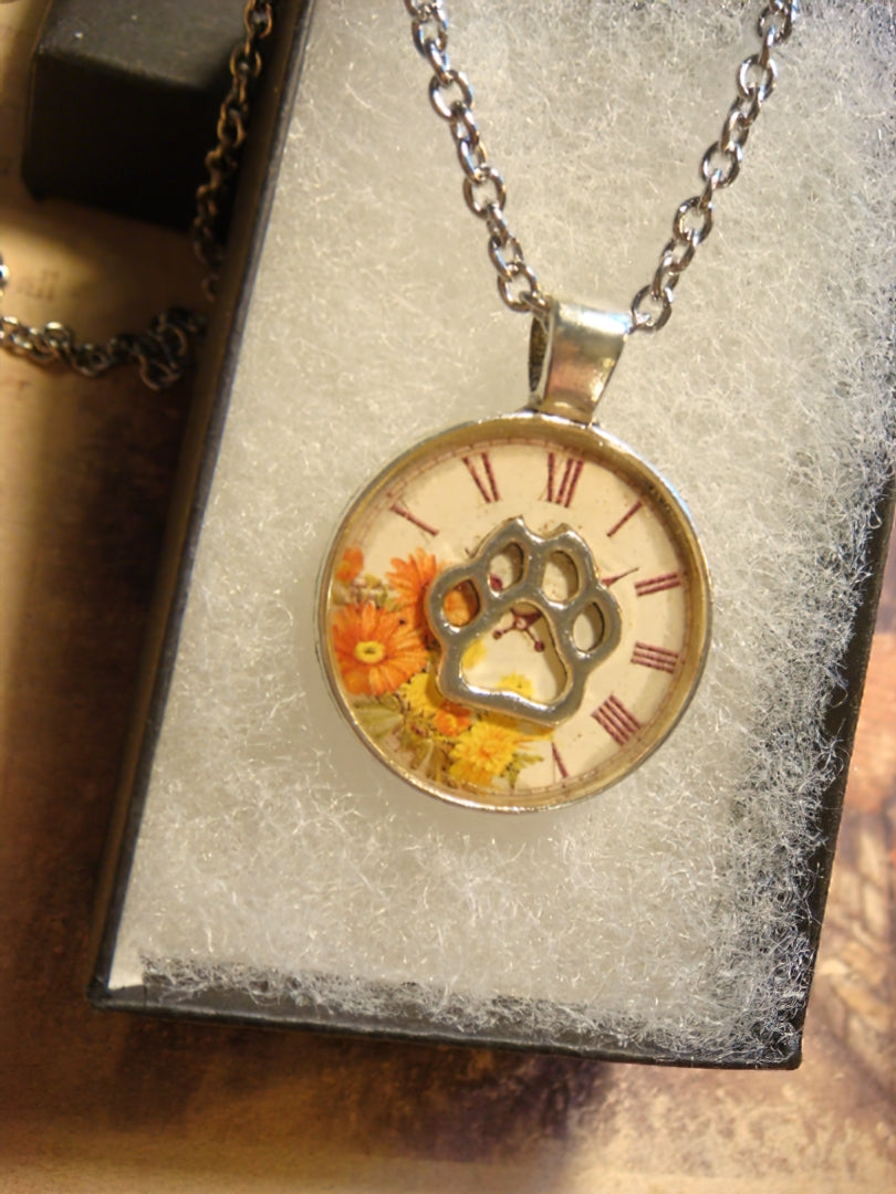 Paw over Floral Clock Small Pendant Necklace