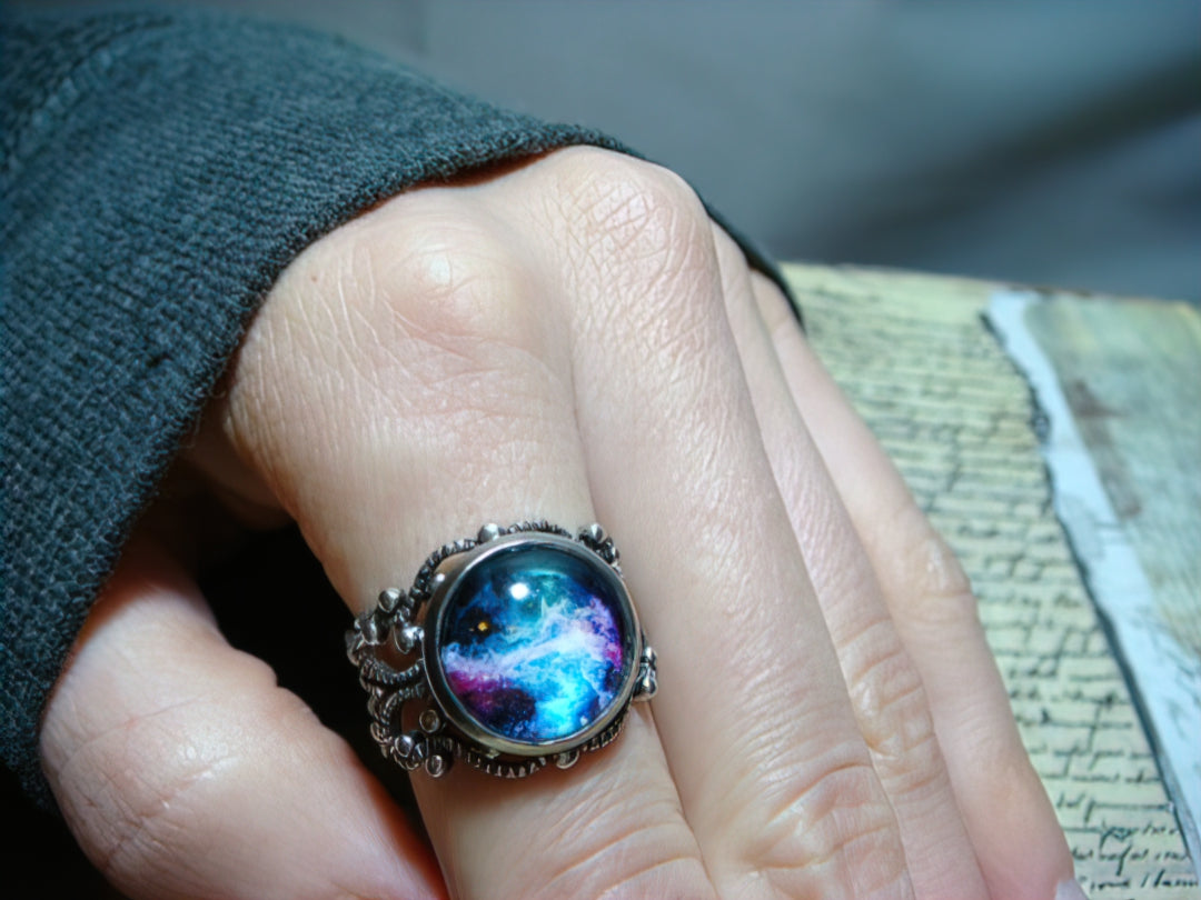 Nebula Galaxy Image Filigree Ring in Antique Silver - Adjustable