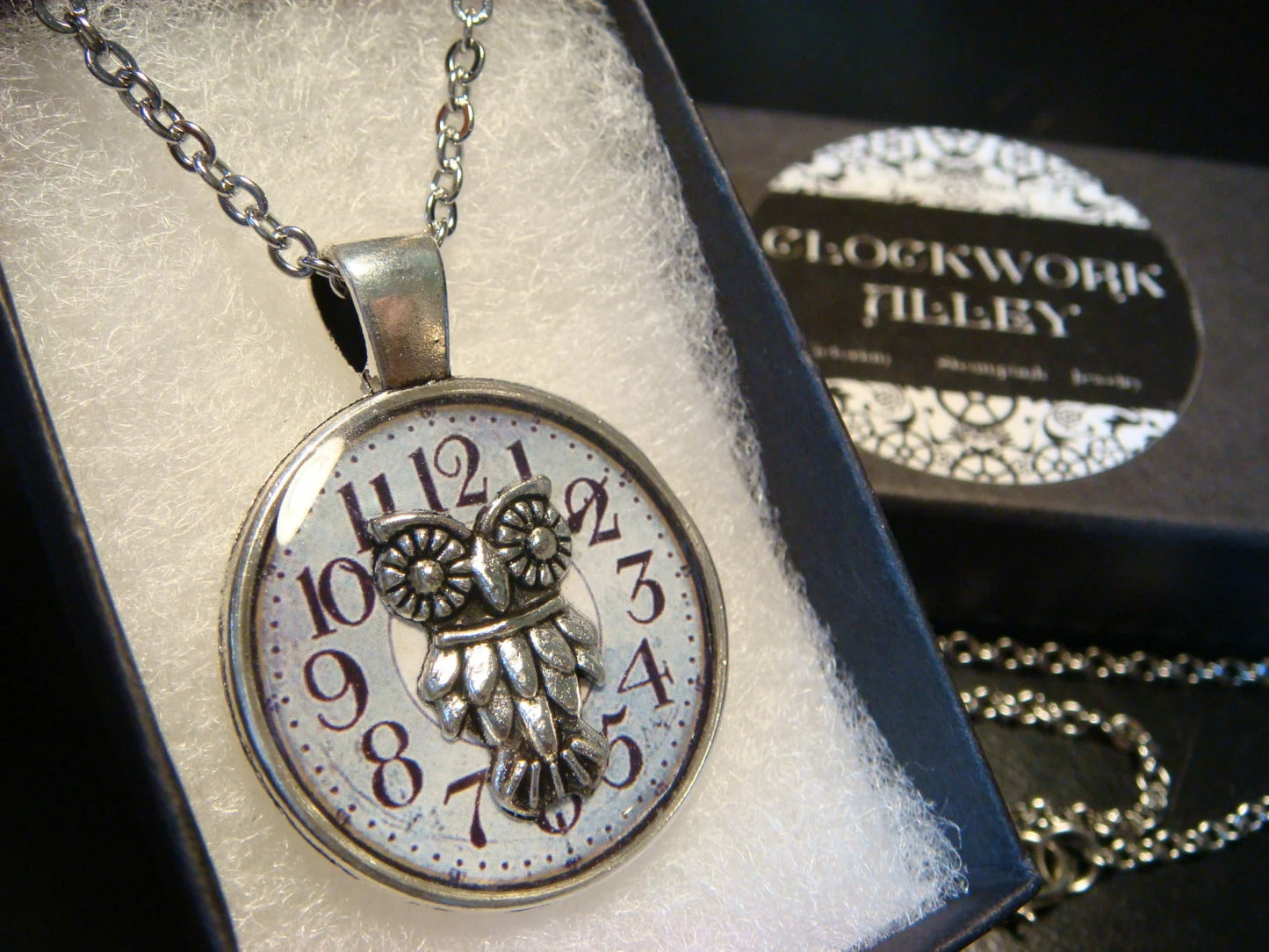 Owl over Clock Pendant Necklace