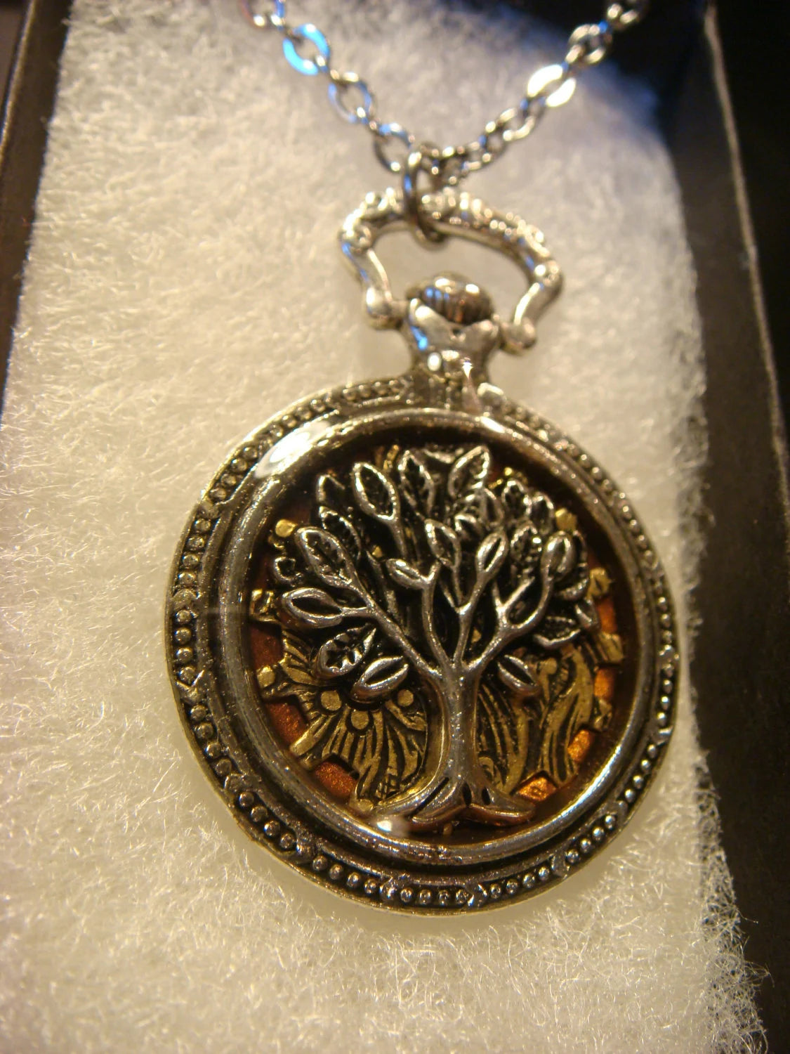 Tree of Life over Etched Gear Pocket Watch Style Pendant Necklace
