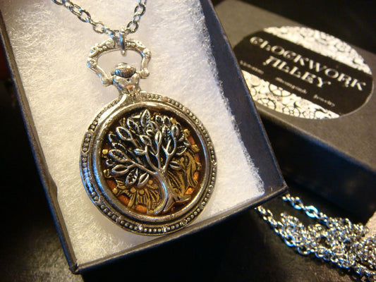 Tree of Life over Etched Gear Pocket Watch Pendant Necklace
