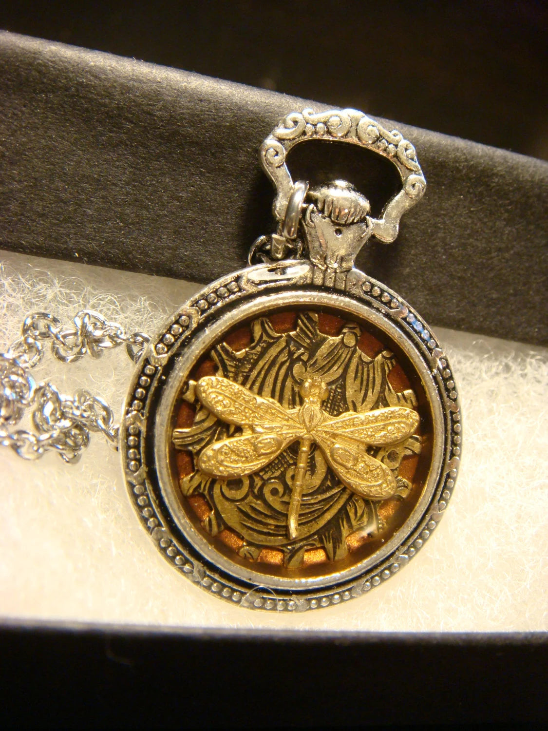 Dragonfly over Etched Gear Pocket Watch Pendant Necklace