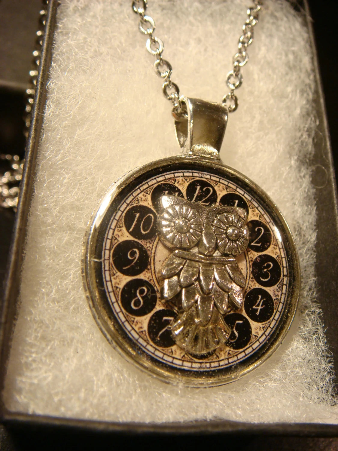 Owl over Clock Pendant Necklace