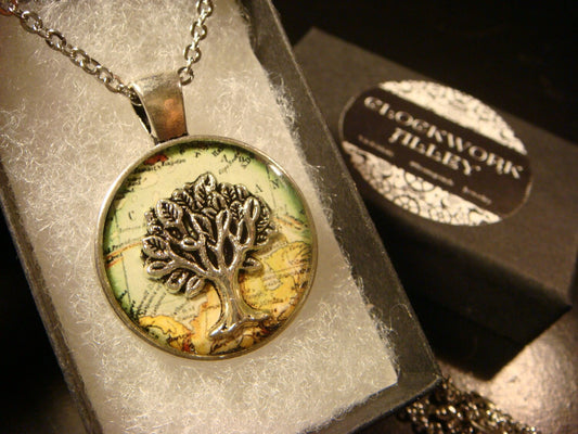 Tree of Life over Map Pendant Necklace