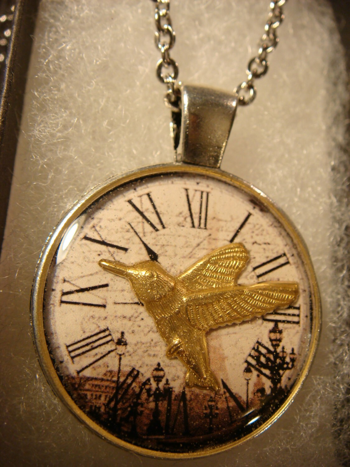 Hummingbird over Victorian Clock Pendant Necklace