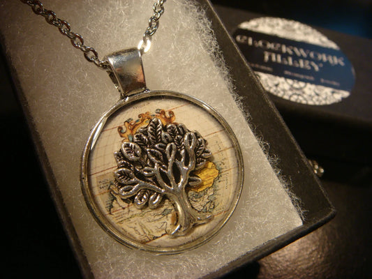 Tree of Life over Map Pendant Necklace