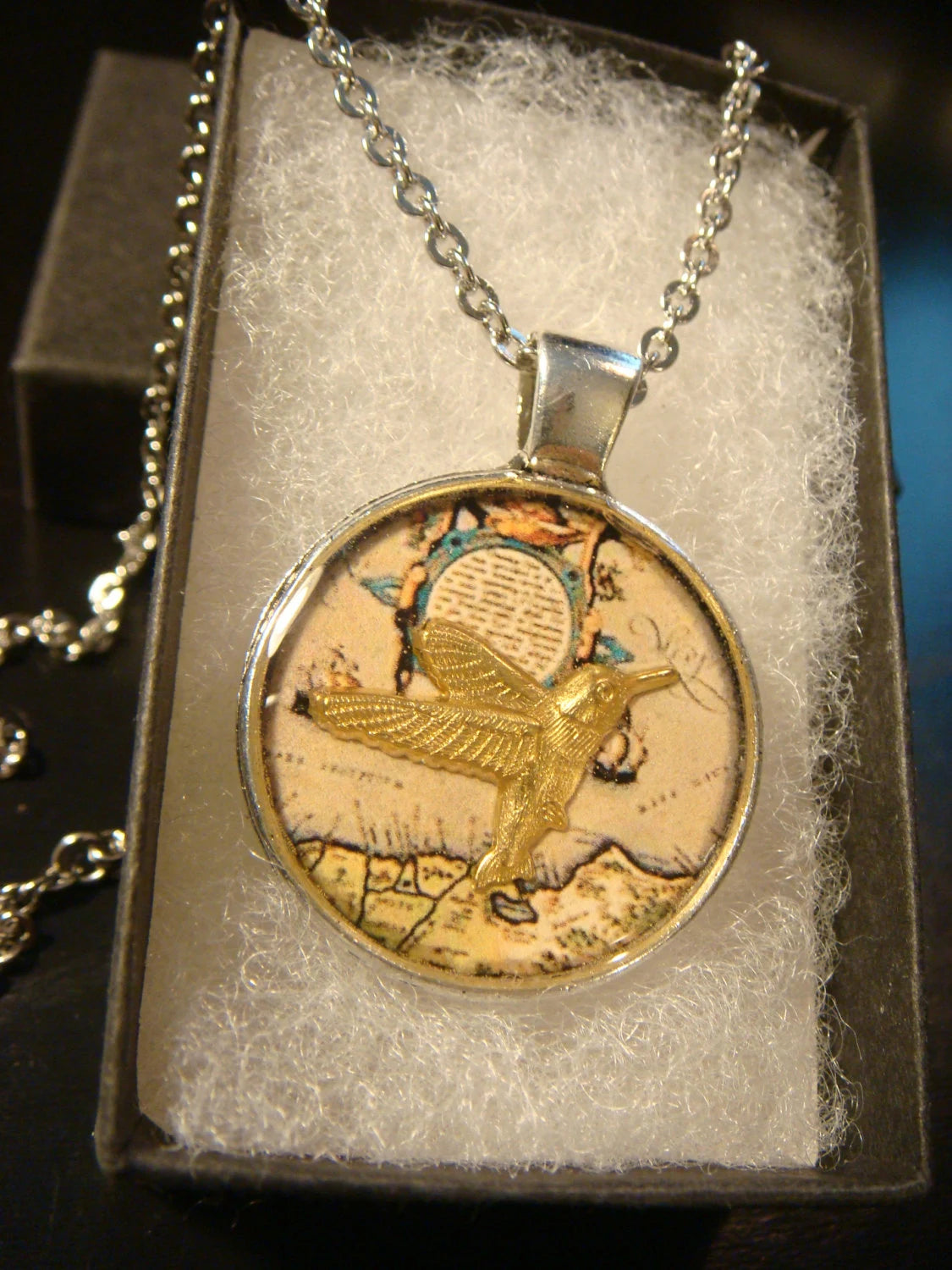 Hummingbird over Map Pendant Necklace