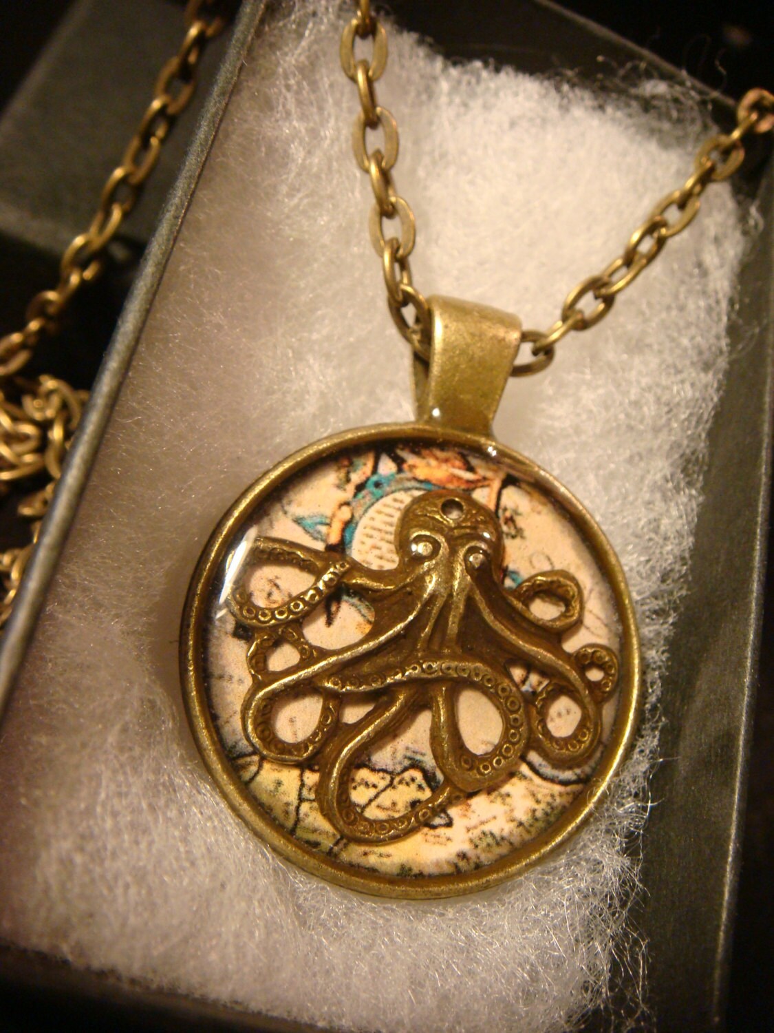 Octopus over Map Pendant Necklace