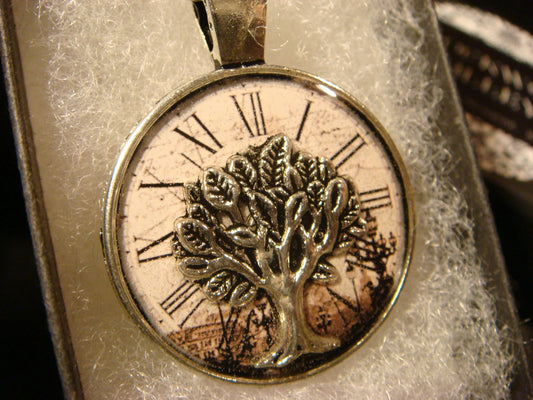 Tree of Life over Clock Pendant Necklace