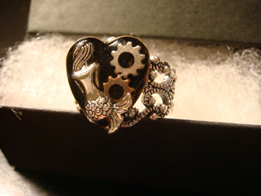 Mermaid and Gears Filigree Ring in Antique Silver - Adjustable
