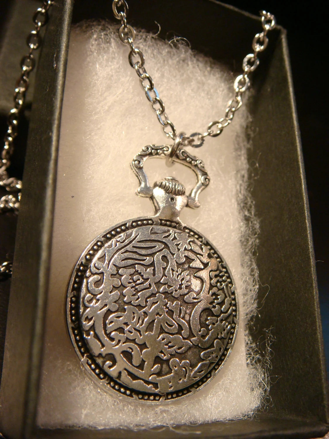 Mermaid over Clock Pocket Watch Pendant Necklace in Antique Silver