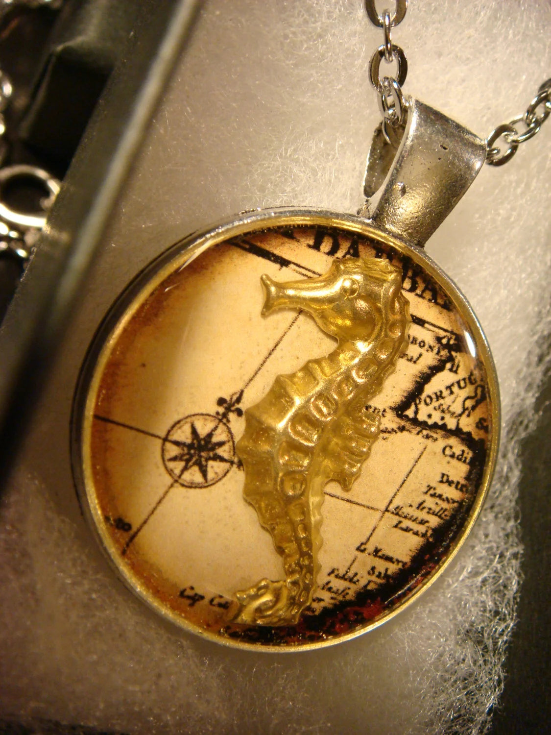 Seahorse over Map Pendant Necklace