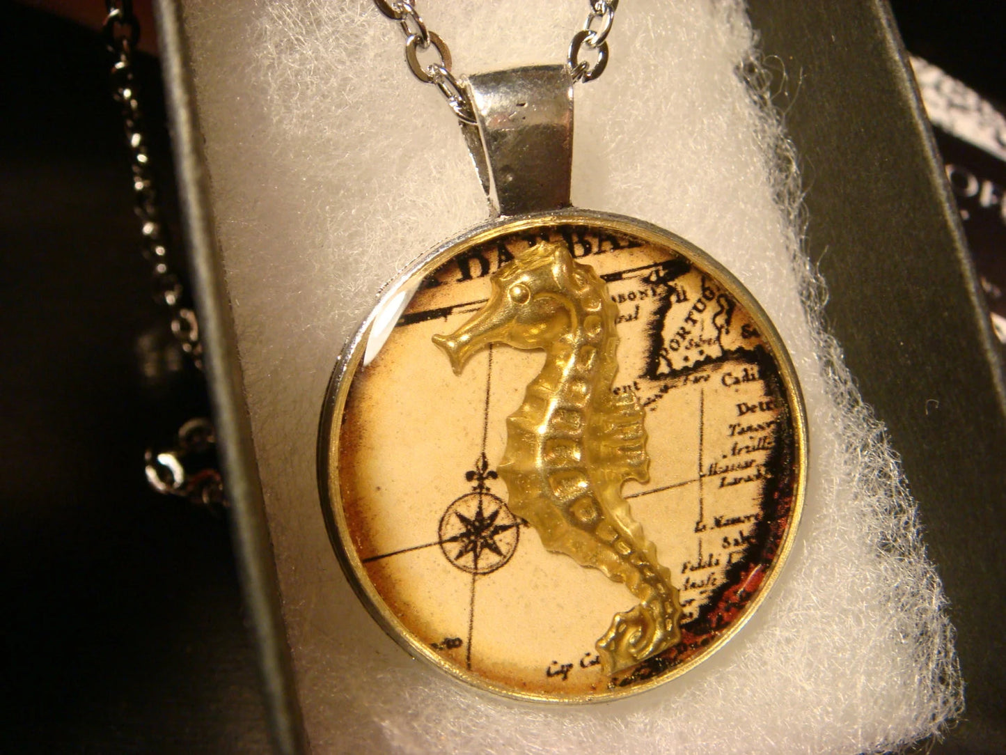 Seahorse over Map Pendant Necklace