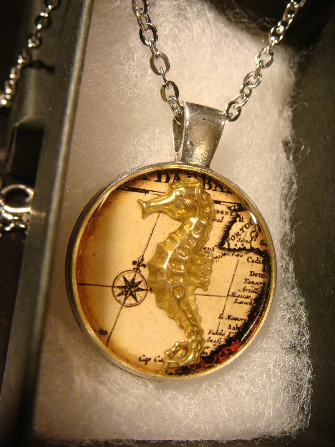 Seahorse over Map Pendant Necklace