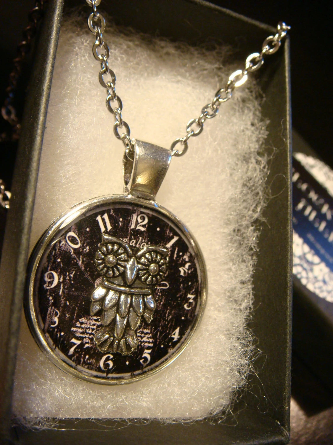 Owl over Clock Pendant Necklace