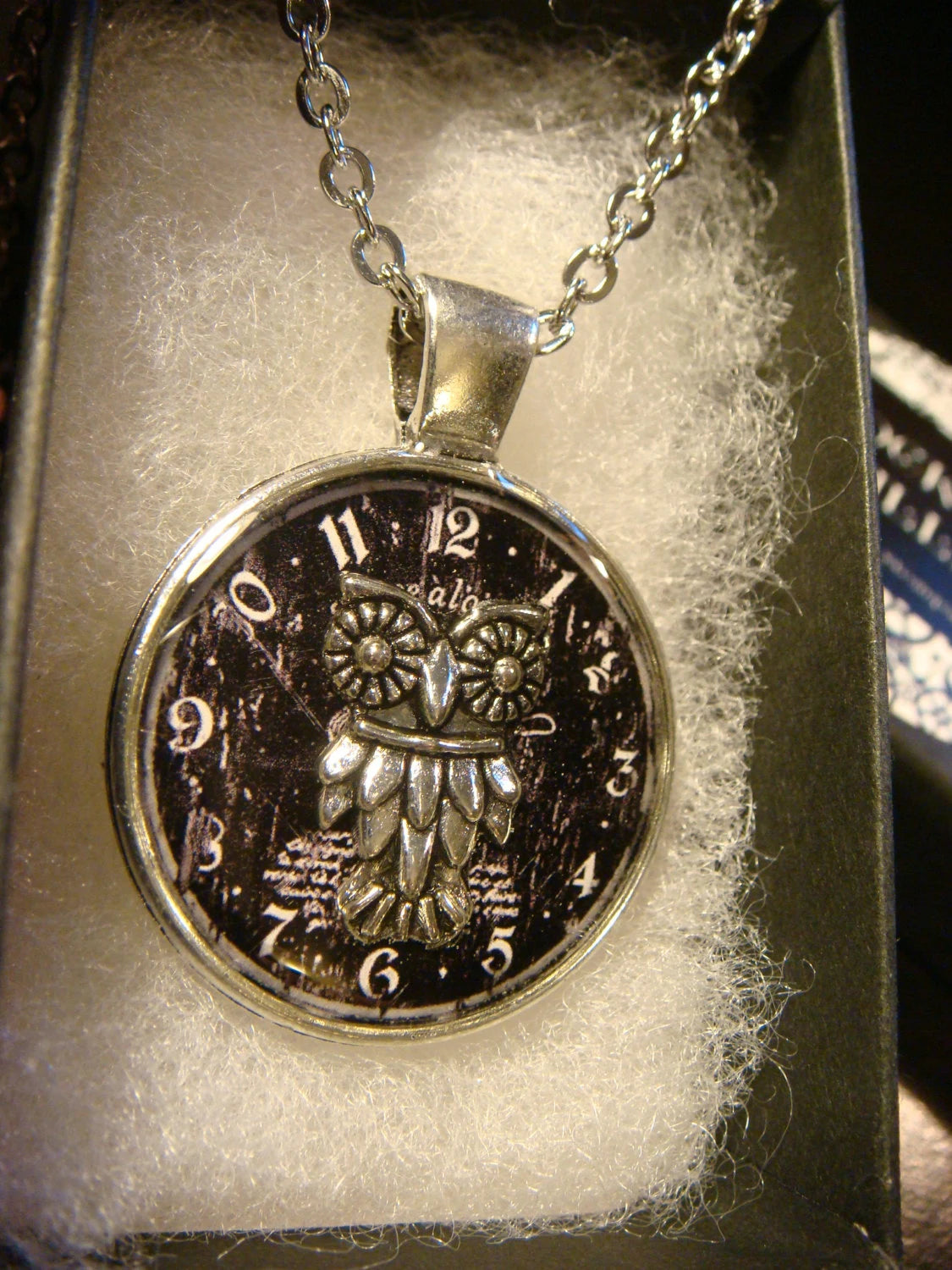 Owl over Clock Pendant Necklace