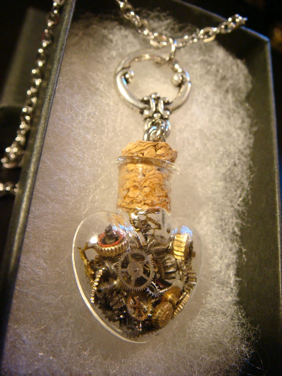 Steampunk Heart Vial with Gears and Watch Parts Necklace