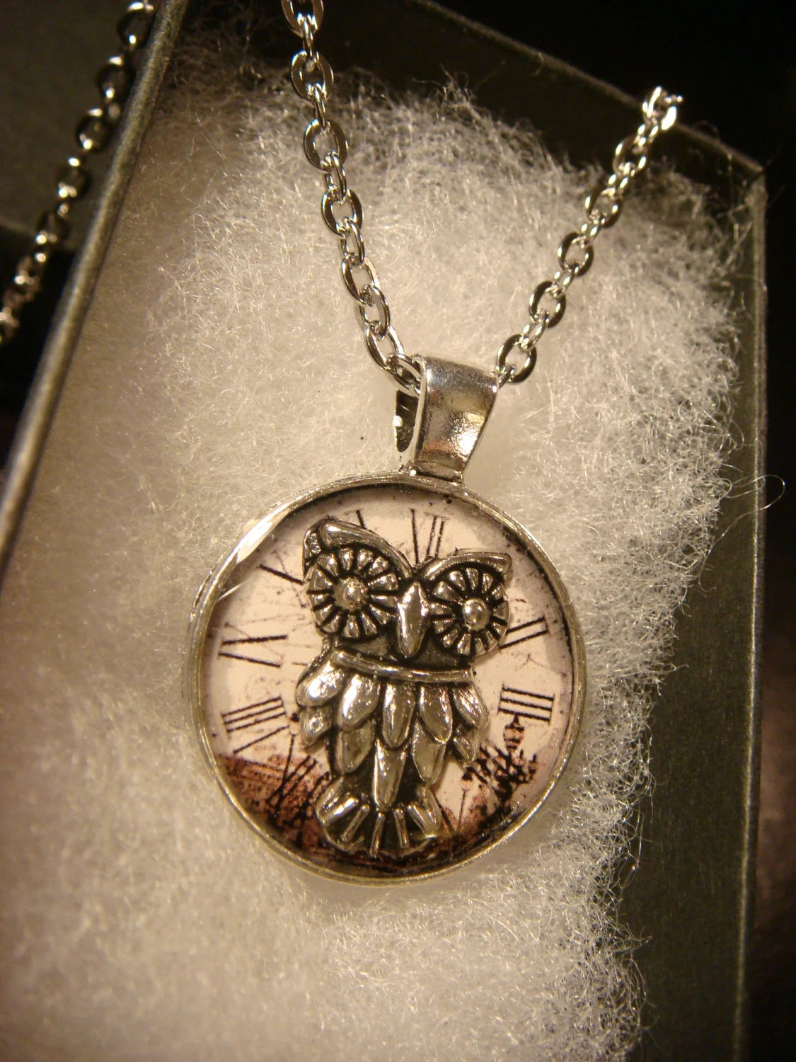 Owl over Victorian Clock Small Pendant Necklace
